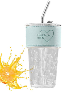 Heart Design Glass Tumbler with Steel Straw & Lid | Cute Aesthetic Drinking Cup