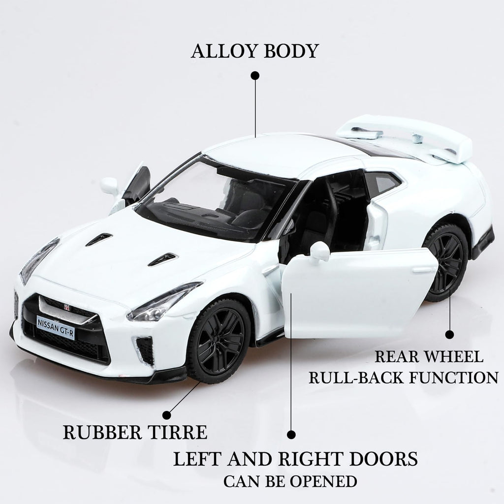 Metal Die-Cast Nissan GT-R Toy Car with Pull-Back Action & Openable Doors