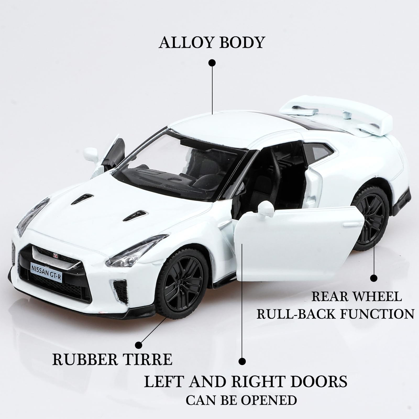 Metal Die-Cast Nissan GT-R Toy Car with Pull-Back Action & Openable Doors