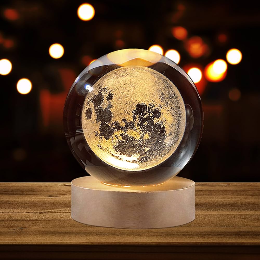 3D Laser Engraved Crystal Ball Night Light With Wooden LED Base