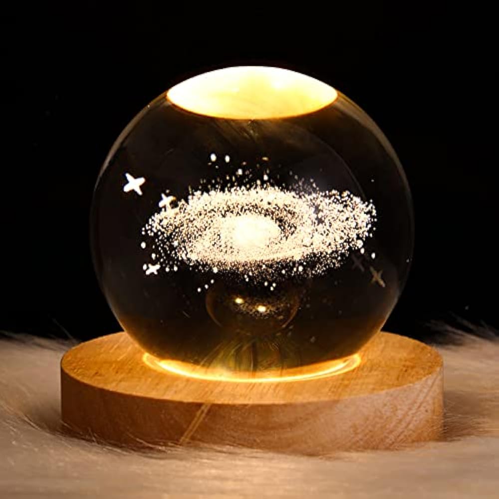 3D Laser Engraved Crystal Ball Night Light With Wooden LED Base