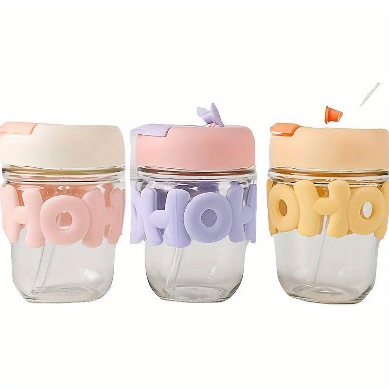 Aesthetic 3D Bubble Letter Glass Cup with Silicone Lid & Glass Straw — Cute Pastel Drinkware for Coffee, Smoothies & More ☁️