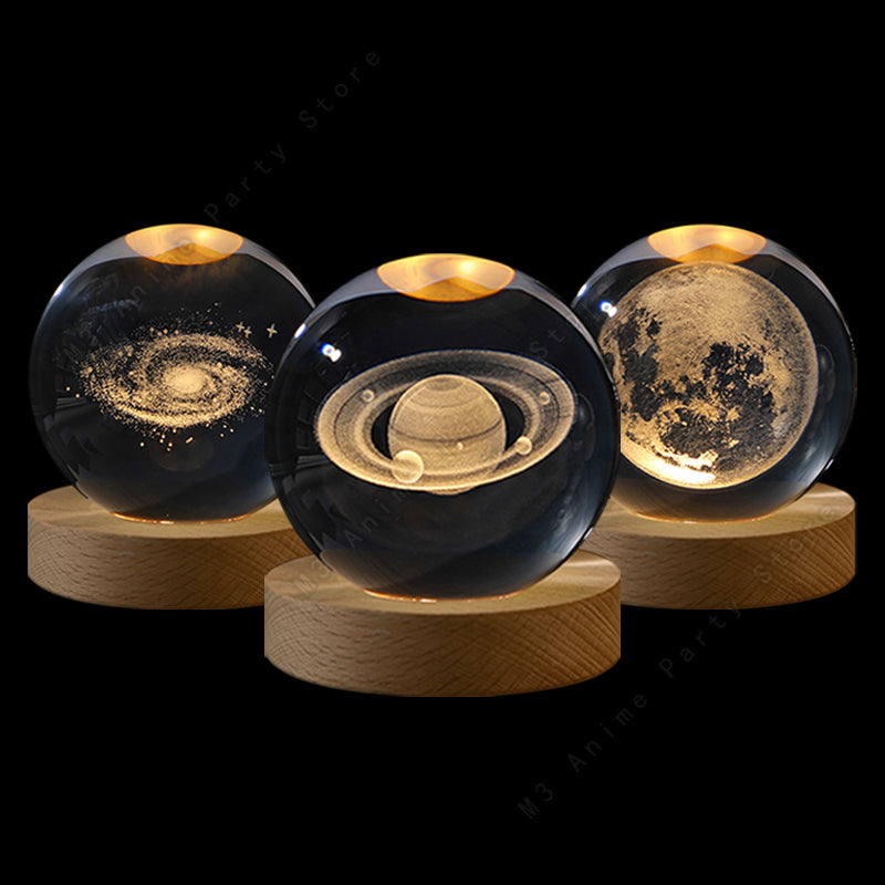 3D Laser Engraved Crystal Ball Night Light With Wooden LED Base