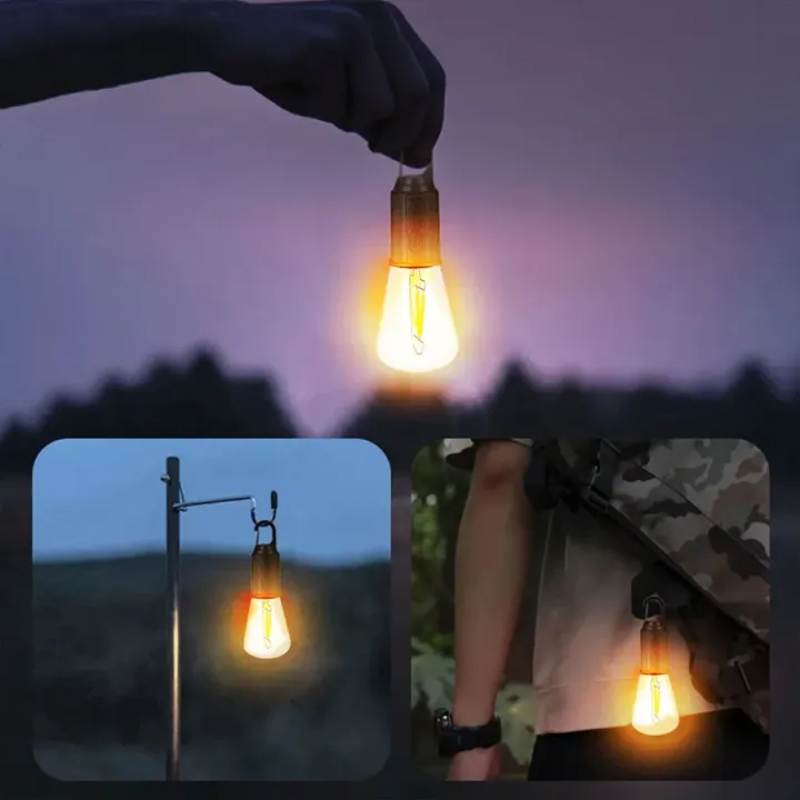 USB Rechargeable Retro Edison Camping Lantern with Carabiner Hook | Portable Mini LED Bulb Light