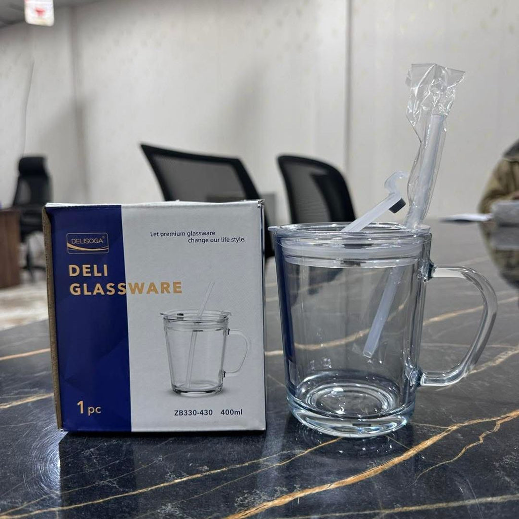 400ml Premium Glass Mug with Airtight Lid and Reusable Straw