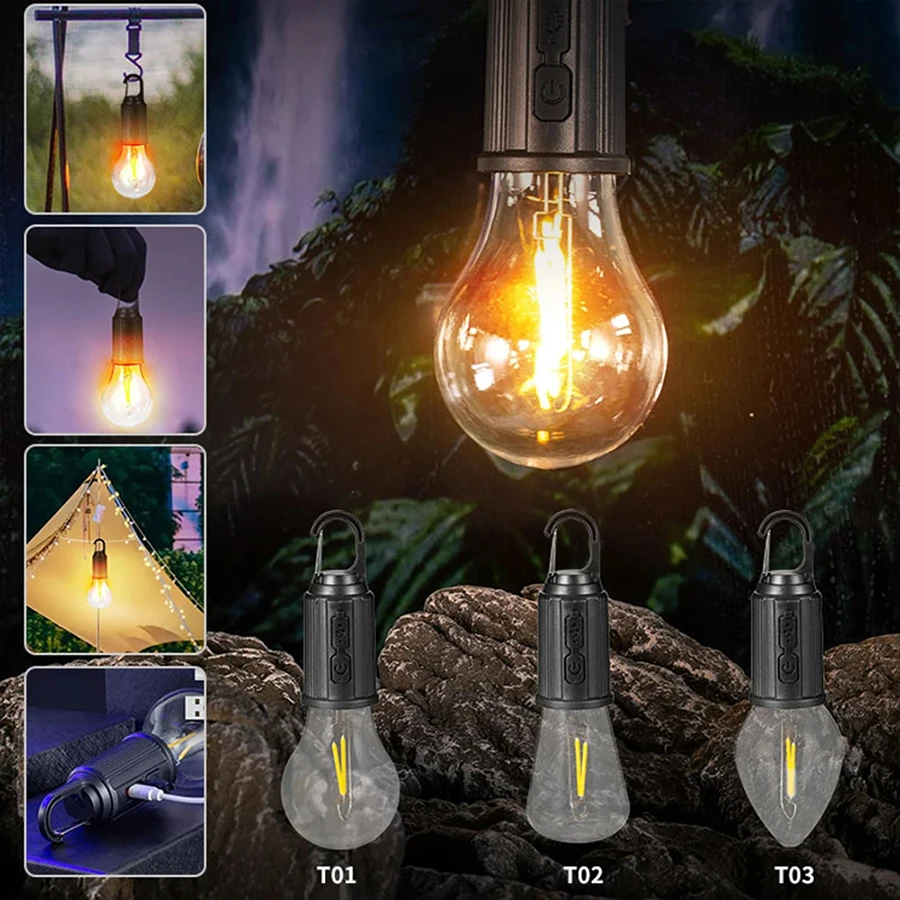 USB Rechargeable Retro Edison Camping Lantern with Carabiner Hook | Portable Mini LED Bulb Light