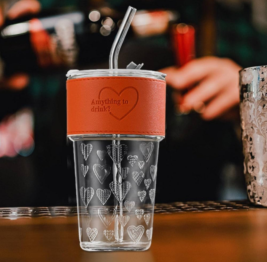 Heart Design Glass Tumbler with Steel Straw & Lid | Cute Aesthetic Drinking Cup