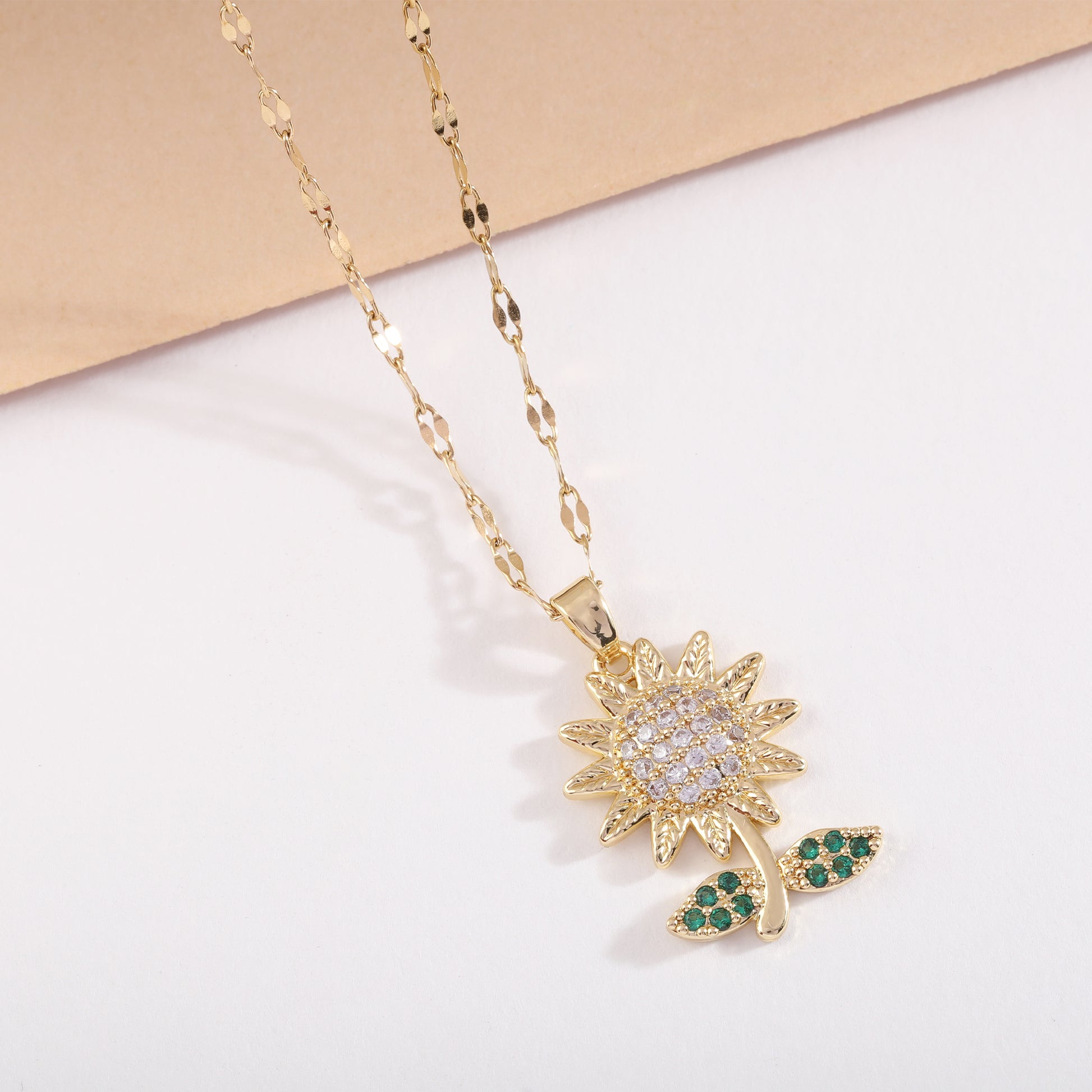 Gold Sunflower Pendant Necklace | Crystal Flower Necklace