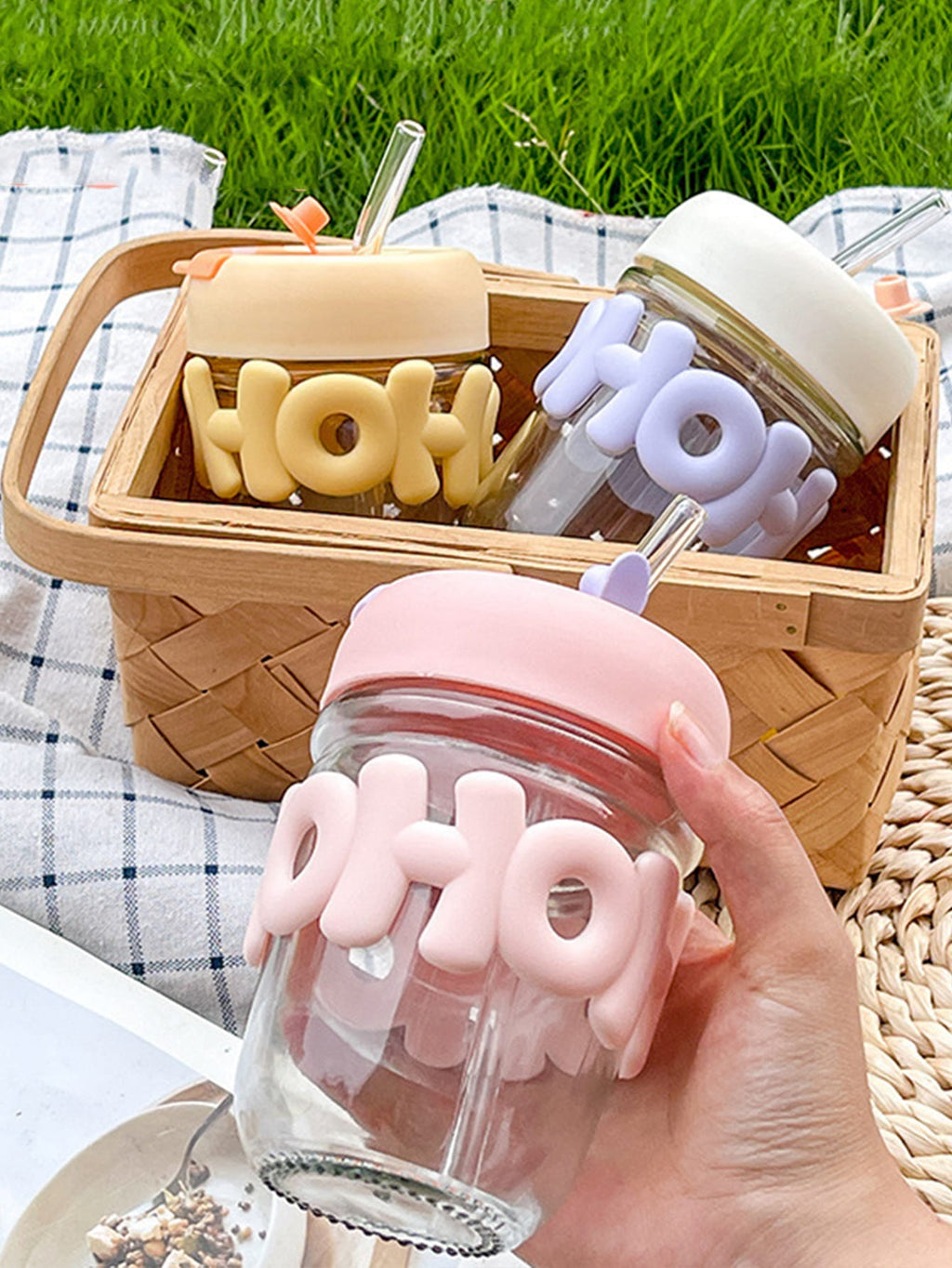 Aesthetic 3D Bubble Letter Glass Cup with Silicone Lid & Glass Straw — Cute Pastel Drinkware for Coffee, Smoothies & More ☁️