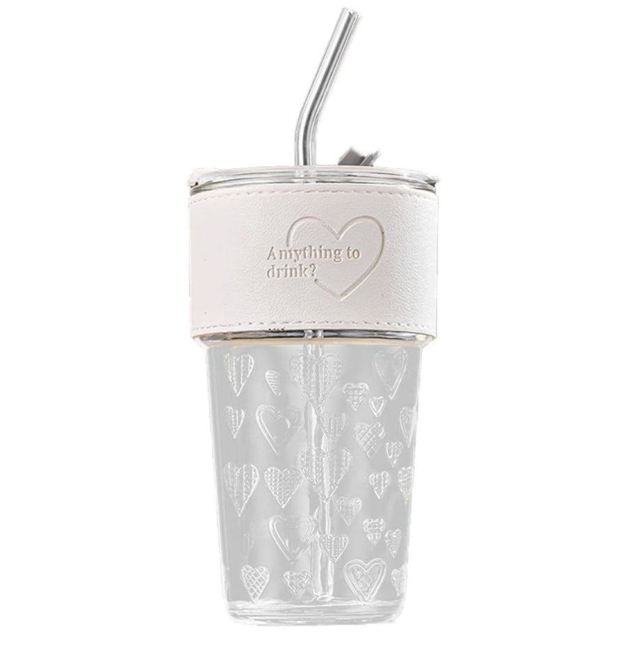 Heart Design Glass Tumbler with Steel Straw & Lid | Cute Aesthetic Drinking Cup