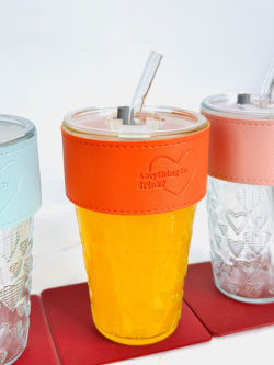 Heart Design Glass Tumbler with Steel Straw & Lid | Cute Aesthetic Drinking Cup