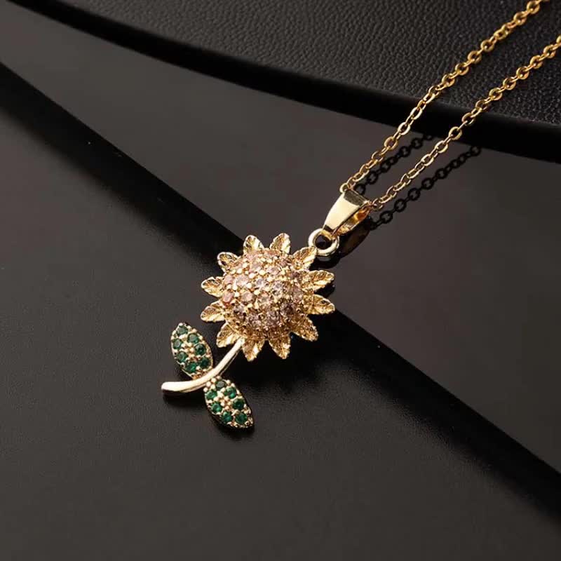 Gold Sunflower Pendant Necklace | Crystal Flower Necklace