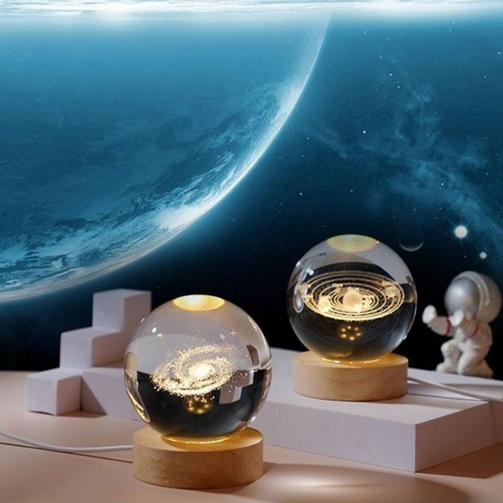 3D Laser Engraved Crystal Ball Night Light With Wooden LED Base
