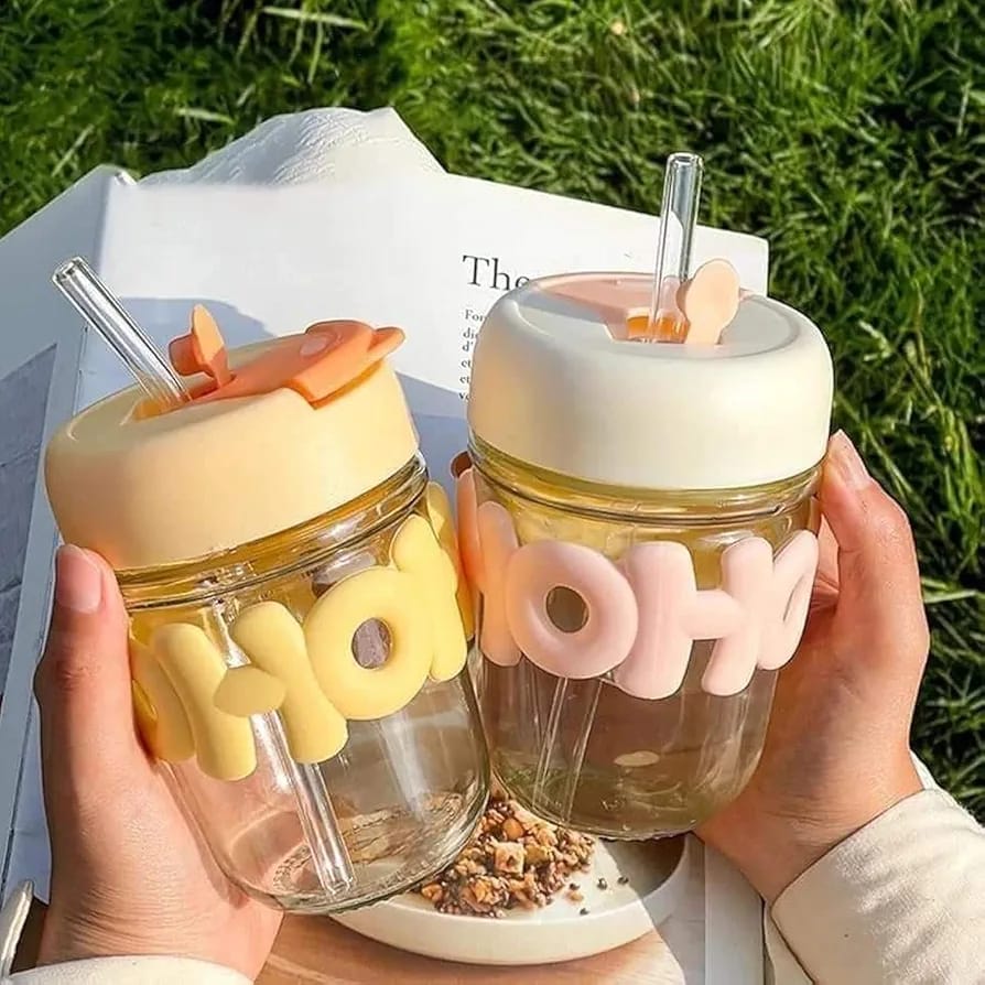 Aesthetic 3D Bubble Letter Glass Cup with Silicone Lid & Glass Straw — Cute Pastel Drinkware for Coffee, Smoothies & More ☁️